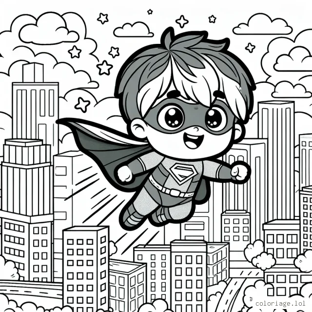 Un petit garçon super-héros volant au-dessus d'une ville animée
