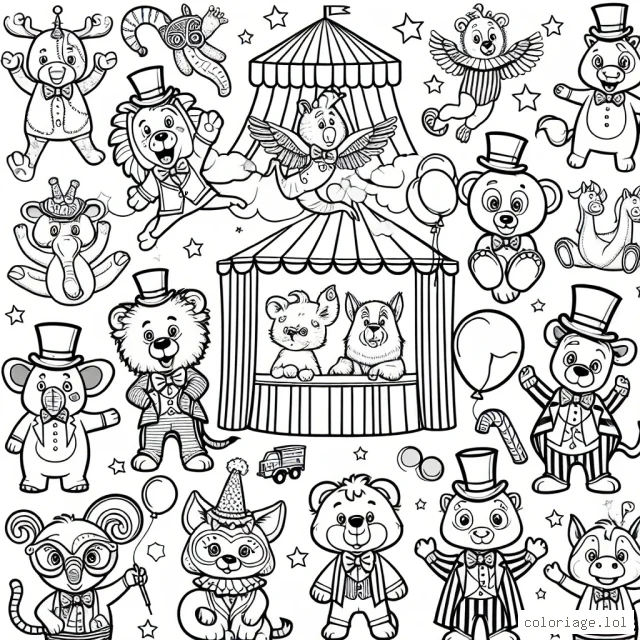 Dessine un carnaval vif et coloré avec de nombreux animaux drôles déguisés en clowns, acrobates et magiciens