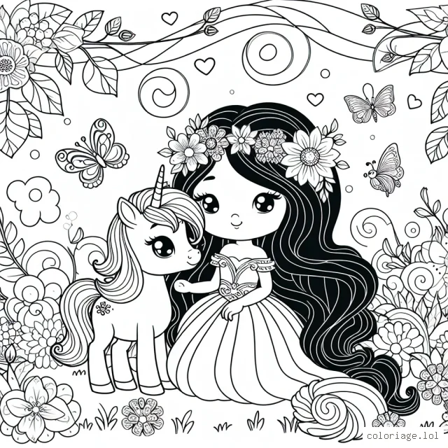 Une princesse et son fidèle poney magique dans un jardin enchanté.