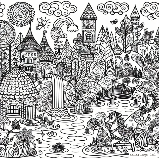 Générer un coloriage pour enfant aléatoire, varié et inventif, incluant des animaux fantastiques et des paysages féériques.