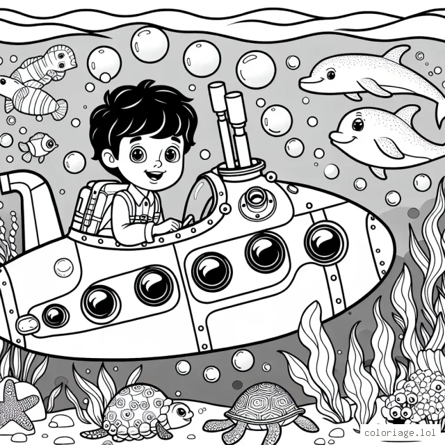 Un petit garçon explorateur est sur le point de monter à bord de son sous-marin jaune pour une aventure captivante au cœur de l'océan. Il sera entouré de créatures marines colorées telles que des dauphins, des tortues et des poissons exotiques. De plus, le sous-marin est rempli de nombreux boutons et leviers qui sont également à colorier. N'oubliez pas les bulles d'air qui entourent le sous-marin et les algues qui se balancent doucement au fond de l'eau.