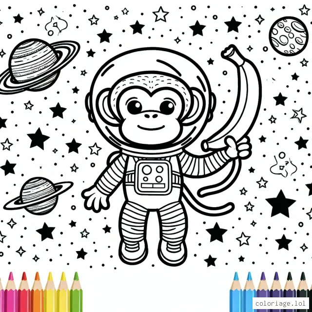Un singe astronaut spaciale tenant une banane brillante tout en flottant au milieu des étoiles et des planètes colorées.