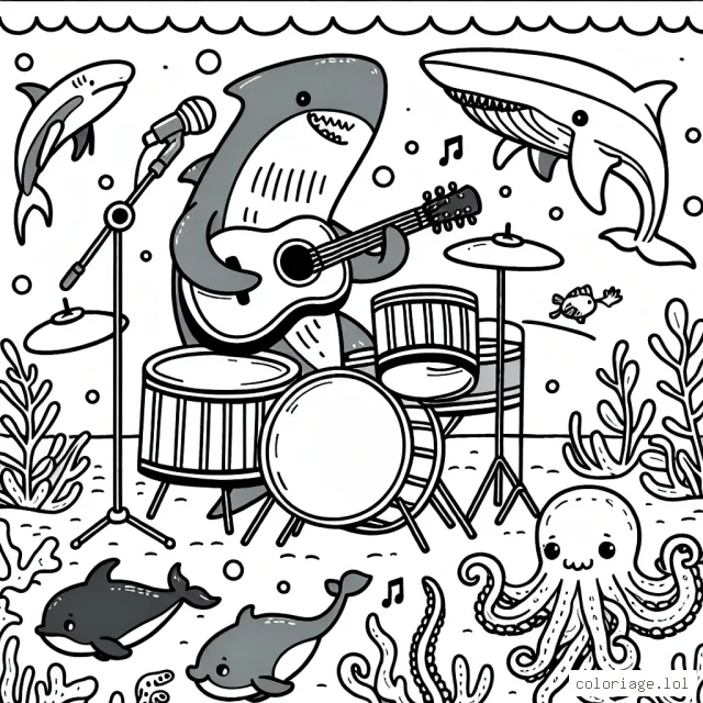Un groupe d'animaux marins organise un concert sous-marin, avec un requin à la guitare, une baleine à la batterie, un poulpe à la basse et des dauphins au chant.