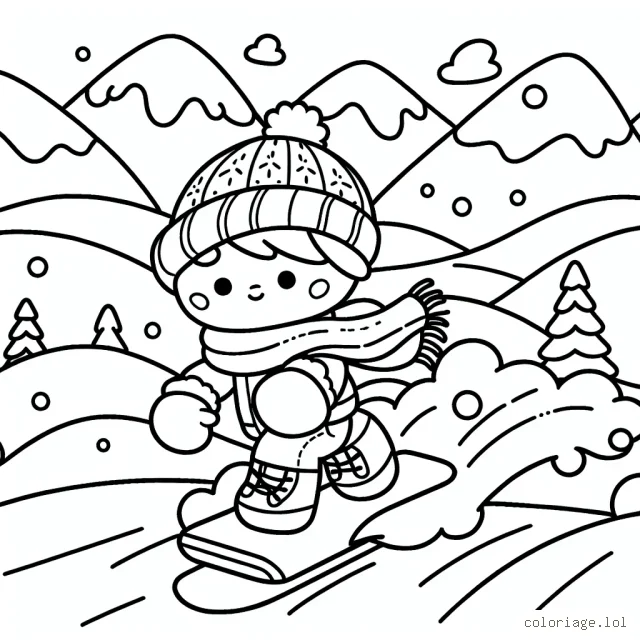 Akim dévalant une montagne enneigée sur son snowboard