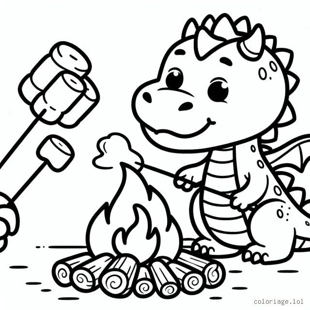 Un gentil dragon en train de faire cuire des marshmallows sur un feu de camp