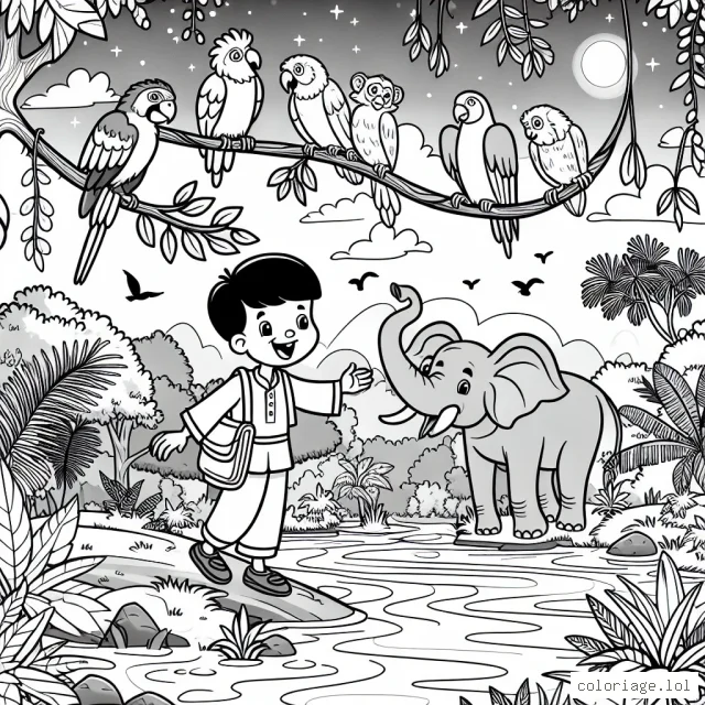 Un petit garçon souriant explorant une jungle mystérieuse peuplée de divers animaux exotiques comme un perroquet coloré, un singe amical suspendu à une branche et un éléphant majestueux qui se promène près d'une rivière cristalline.