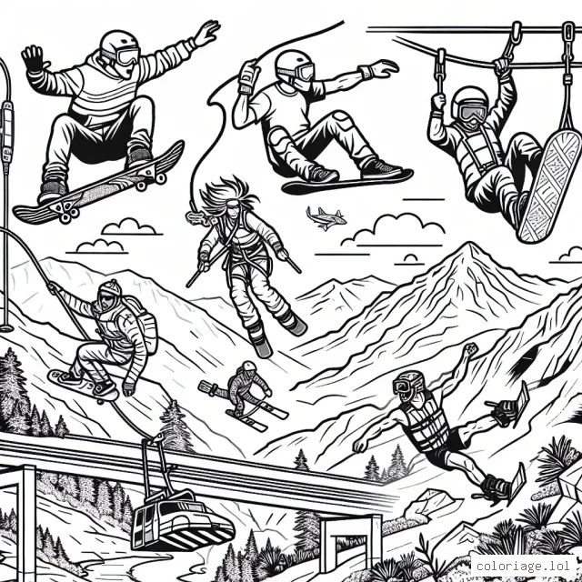 Une scène animée de sports extrêmes avec des athlètes en pleine action: du skateboard dans un demi-tube, du bungee jumping d'un pont, du snowboard sur une piste de montagne, de l'escalade libre et de la plongée en cage avec des requins
