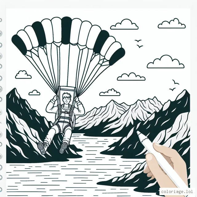 Un jeune homme défiant le saut en parachute extrême, en plein saut au-dessus de montagnes majestueuses et une mer scintillante.
