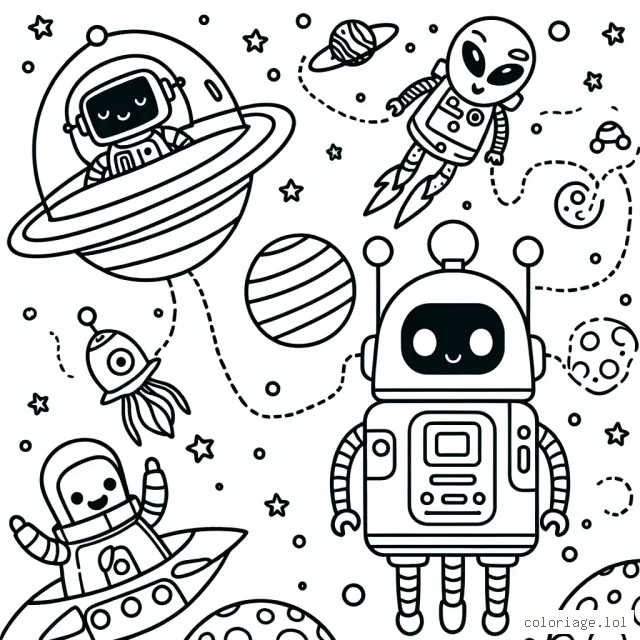 Un robot sympathique dans l'espace qui explore différentes planètes et rencontre des extraterrestres amicaux