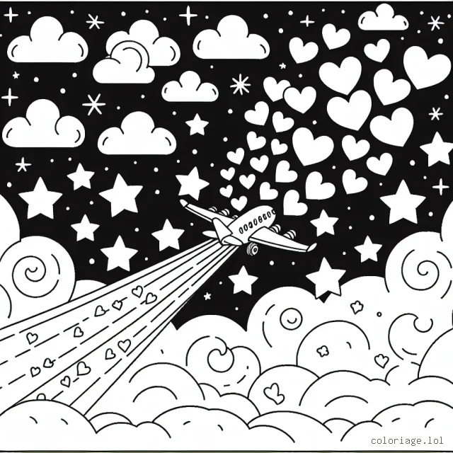 Un avion jetant des cœurs joyeux dans le ciel étoilé