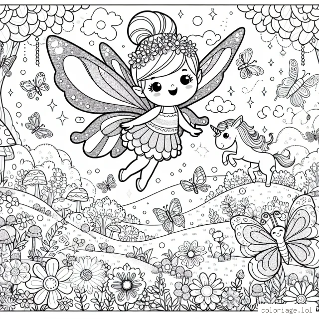 Une petite fée adorable avec de grandes ailes lumineuses flotte joyeusement au-dessus d'un jardin enchanté, bourdonnant d'activité, avec une multitude de fleurs colorées, des papillons chatoyants volants, des oiseaux gazouillant sur les branches et des lapins joueurs gambadant dans l'herbe. Une licorne au loin paît paisiblement parmi les arbres.