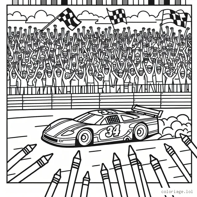 Dessine une voiture de course filant à toute vitesse sur une piste animée, entourée d'une foule de personnes qui l'acclament.