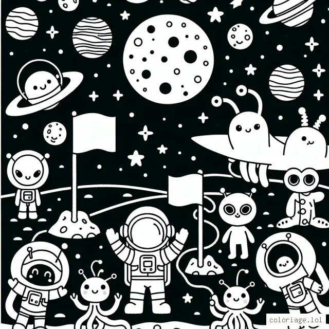 Un jeu d'exploration spatial avec un astronaute entrain de planter un drapeau sur une lune extraterrestre, entouré de plusieurs créatures spatiales amicales.
