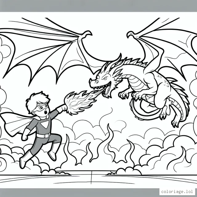 Un jeune super-héros qui vole dans le ciel tout en combattant un dragon cracheur de feu