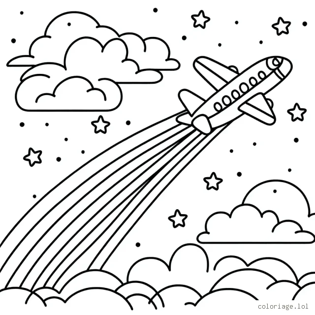 Un avion dans le ciel plein de nuages, qui laisse des traînées de peinture colorée derrière lui