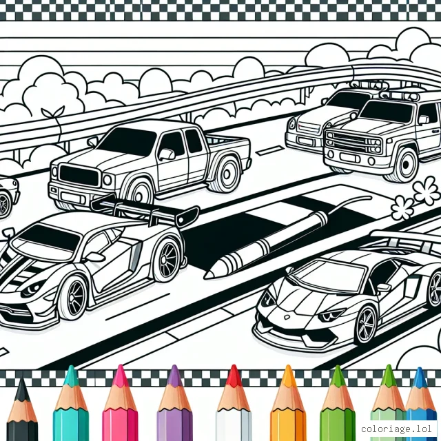 Un circuit de course animé se présente devant toi avec des voitures de différentes formes et tailles. Il y a des voitures de sport éclatantes, des camionnettes confortables, des voitures de course rapides et des voitures de police bien équipées. Vas-tu les colorier avec des couleurs vives ou préfères-tu des couleurs plus douces?