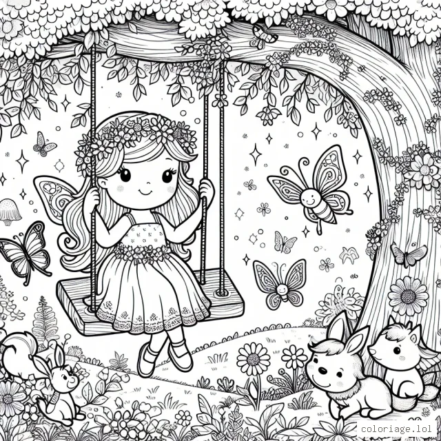 Une petite princesse joue tranquille dans son jardin secret, accompagnée de ses fidèles amis animaux. Elle se balance nonchalamment sur une balançoire accrochée à un vieil arbre magique. Autour d'elle, l'ensemble du royaume des fées est à colorier: les belles fleurs, les arbres luxuriants, les papillons enchanteurs et bien plus encore.
