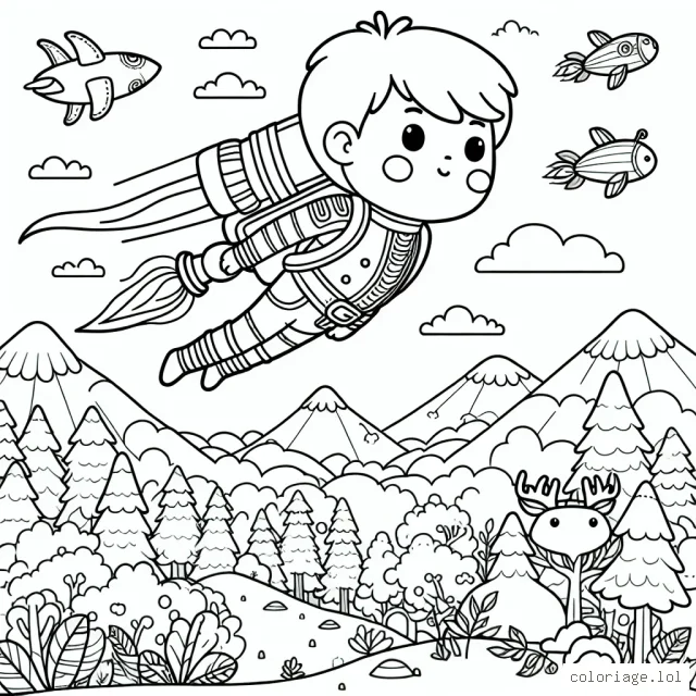 Un petit garçon courageux vole à travers le ciel avec son jet pack extravagant, survolant des forêts, des montagnes, et des animaux étonnants.