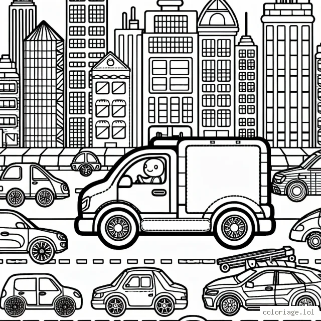 Imagine des voitures de différentes marques dans un paysage urbain avec divers détails à colorier.