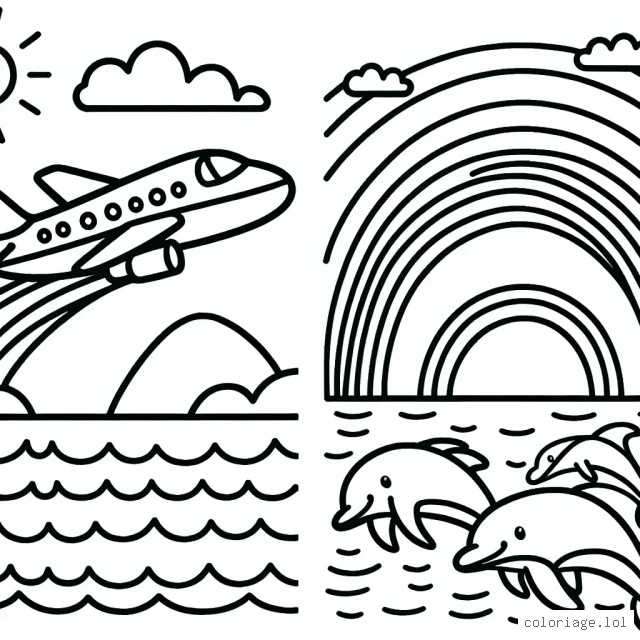 Dessine un avion à réaction survolant l'océan, avec un arc-en-ciel dans le ciel et des dauphins jouant dans l'eau.