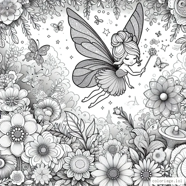 Une fée délicate avec ses petites ailes scintillantes volant dans un jardin magique plein de fleurs colorées et d'animaux enchantés