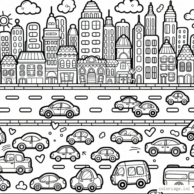 Dessine une route animée avec plusieurs types de voitures en mouvement dans un contexte de ville animée.