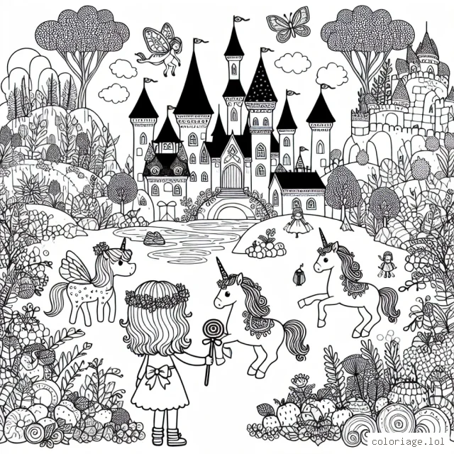 Un paysage féerique composé de plusieurs éléments tels qu'un château enchanté, une licorne, des fées et des arbres fruitiers éparpillés. Au premier plan, une petite fille douce et curieuse explore ce paysage magique.