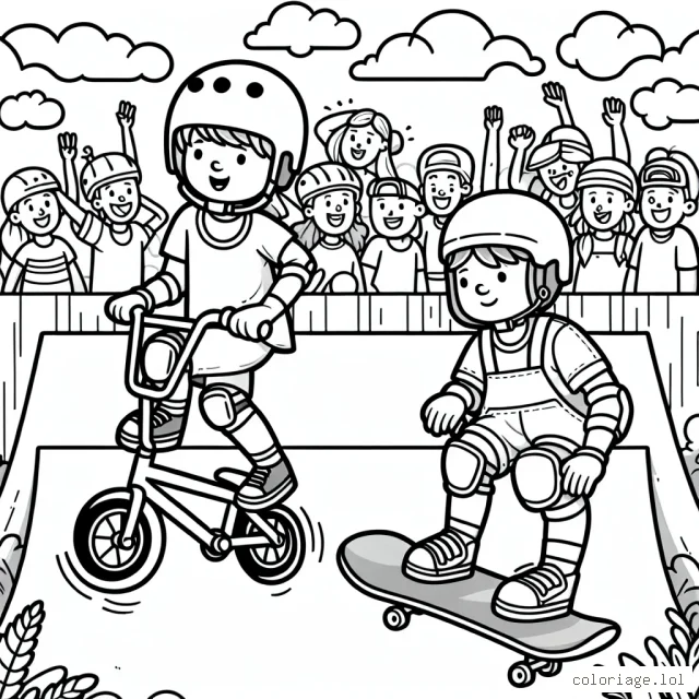Dessinez deux personnages en train de faire du skateboard et du BMX dans un parc dédié aux sports extrêmes, tout en portant des équipements de protection tels que des casques et des genouillères. Il y a aussi un public enthousiaste en arrière-plan, qui encourage les sportifs.