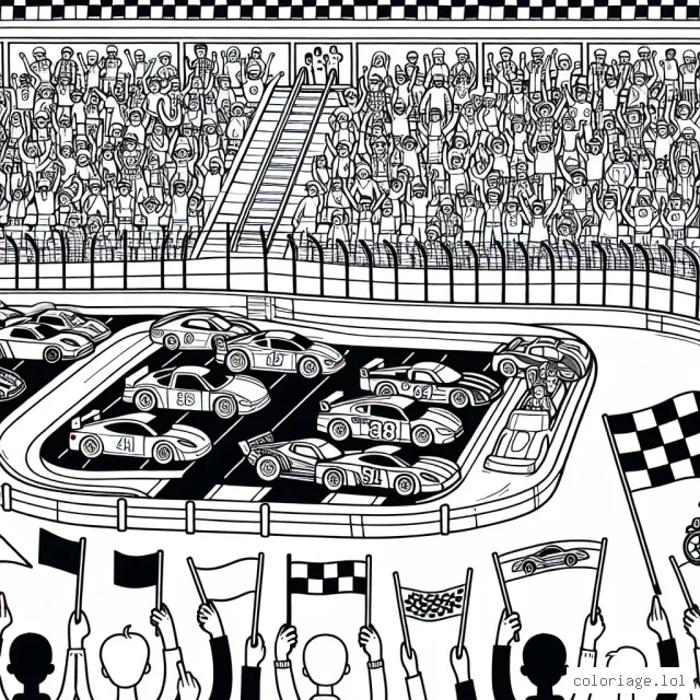 Un circuit de voitures de course avec différents modèles de voitures et une foule enthousiaste dans les gradins.