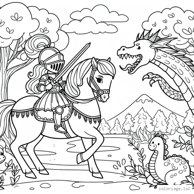 Une princesse chevalier courageuse sur son cheval majestueux, affrontant un dragon fripon tout en protégeant une forêt d'animaux sages et joyeux