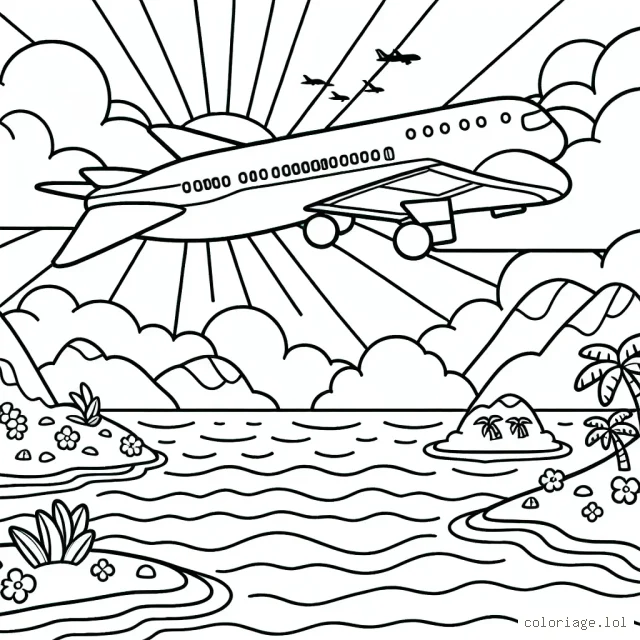 Dessine un avion en plein vol, passant au-dessus de l'océan, avec des îles tropicales en dessous et un magnifique lever de soleil en arrière-plan.