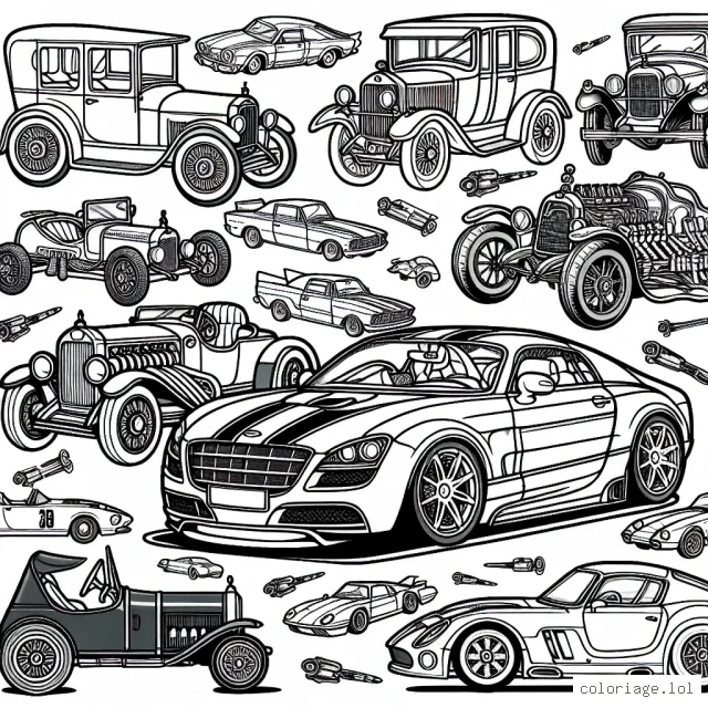 Un défilé dynamique de voitures de tous âges et de tous styles. D'anciennes voitures de collection dataillées aux voitures de course les plus modernes, colorie ce paysage automobile passionnant !