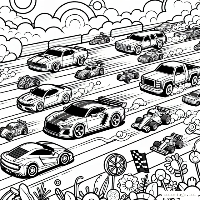 Un dessin en noir et blanc d'une course épique entre divers modèles de voitures sur un circuit animé.