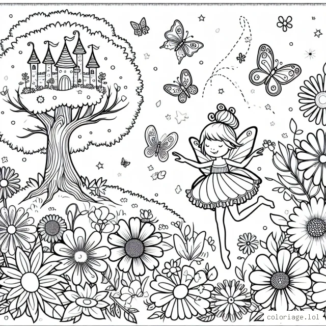 Une petite fée virevolte joliment dans son jardin secret, entourée de fleurs aux mille couleurs où les papillons colorés et les petits oiseaux chantent. Derrière elle, on voit son château magique construit dans un arbre gigantesque.