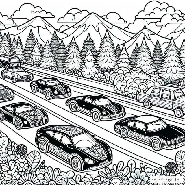 Sur le dessin, il y a plusieurs belles voitures alignées sur une autoroute entourée de montagnes, d'arbres et de fleurs. Chaque voiture est unique dans sa forme et son style. Vous pouvez voir une partie de l'intérieur de chaque voiture à travers ses fenêtres.