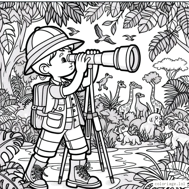 Un jeune explorateur en tenue de safari avec une longue vue cherche des animaux sauvages dans la jungle épaisse