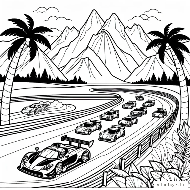 dessine une course effrénée de voitures sportives sur une piste de course avec un décor de montagnes et de palmiers en arrière-plan