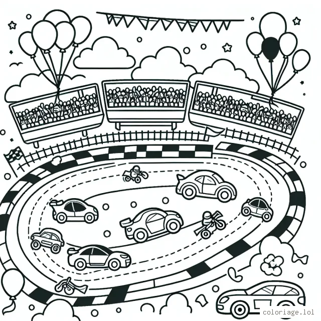 Dessine et colorie une grande course automobile avec des voitures de différentes formes et couleurs, des virages serrés, des gradins remplis de spectateurs enthousiastes et un ciel rempli de ballons colorés