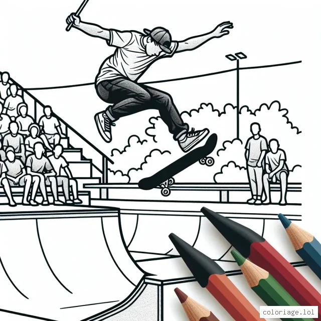 Imagine un dessin représentant un skateur professionnel en action, sautant haut au-dessus d'une rampe dans un skatepark. N'oublie pas de dessiner du public en arrière-plan pour souligner l'audace et le talent du sportif.