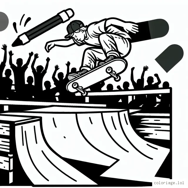 Dessine une scène dynamique de sport extrême mettant en vedette un skateur réalise un saut audacieux par-dessus une rampes. Assure-toi également d'inclure des supporters en arrière-plan applaudissant l'exploit !
