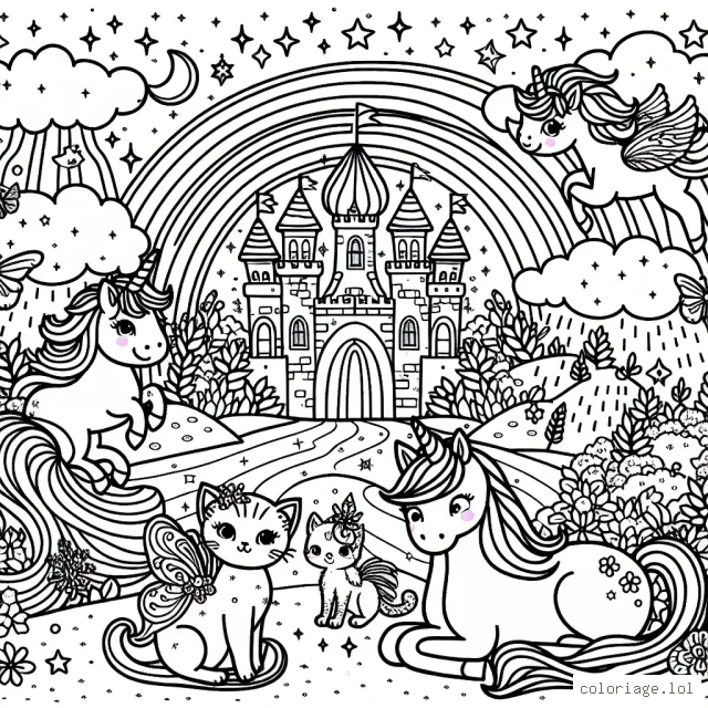 Un royaume enchanté peuplé de licornes, de fées, et de chaton magiques à colorier, complété d'un arc-en-ciel scintillant et d'une cascade d'étoiles.