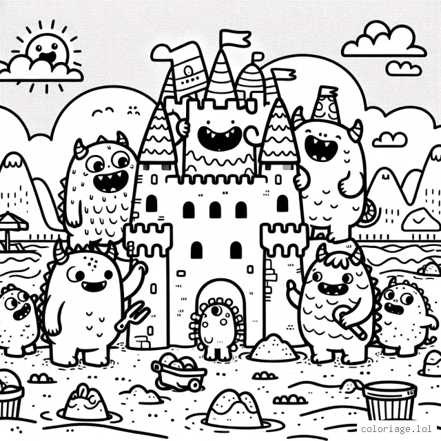 Dessine une équipe de petits monstres amicaux qui construisent un château de sable gigantesque sur une plage animée !