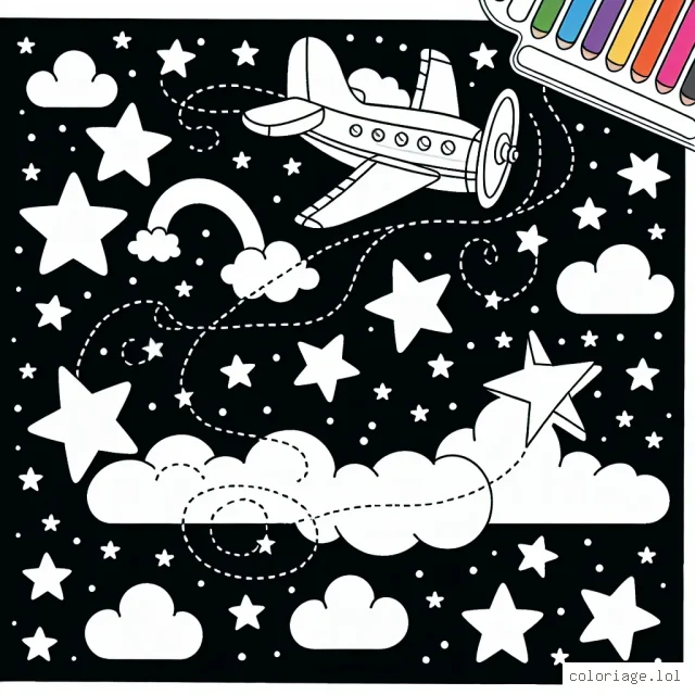 Sur cette page, tu peux créer un avion coloré vibrant dans un ciel étoilé. Quelles couleurs choisirais-tu pour l'avion et ces étoiles brillantes?
