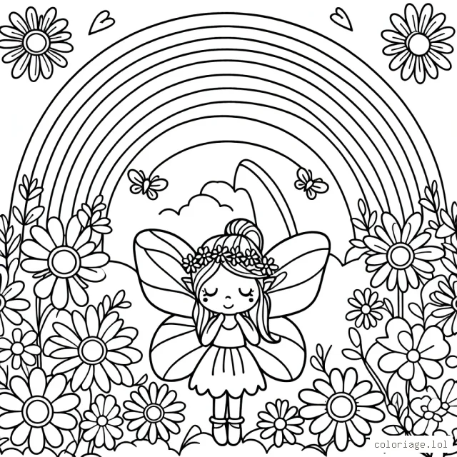 Une petite fée enchantée dans une forêt de fleurs lumineuses sous un arc-en-ciel