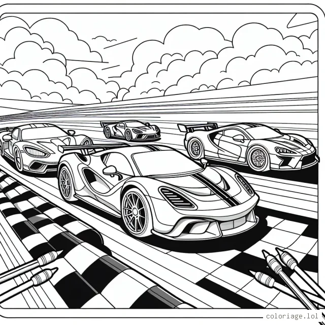 Imaginez un circuit de course effervescent où différentes voitures de sport multicolores rivalisent pour atteindre la ligne d'arrivée.