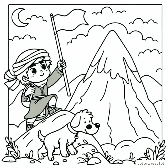 Un petit garçon courageux, surmontant une grande montagne, un drapeau à la main prêt à être planté au sommet. Il est accompagné de son fidèle chien.