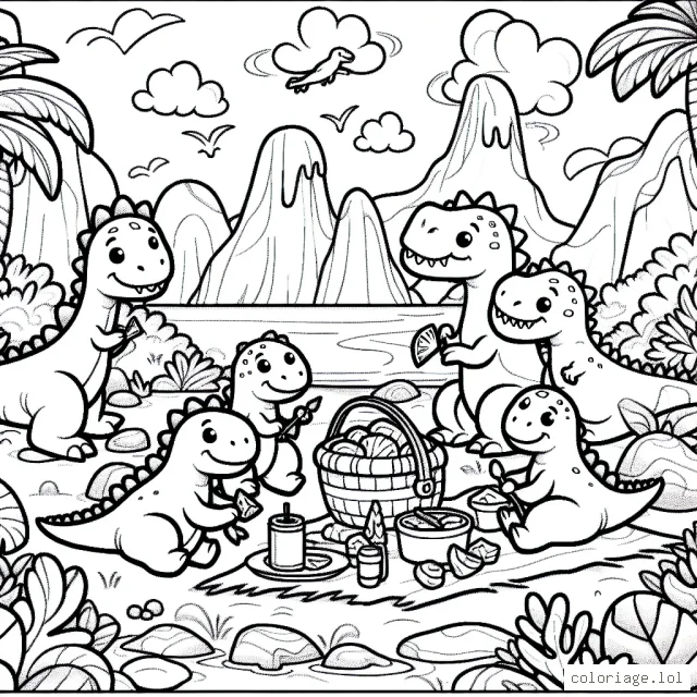 Un groupe joyeux de dinosaures organise un pique-nique sur une île mystérieuse.