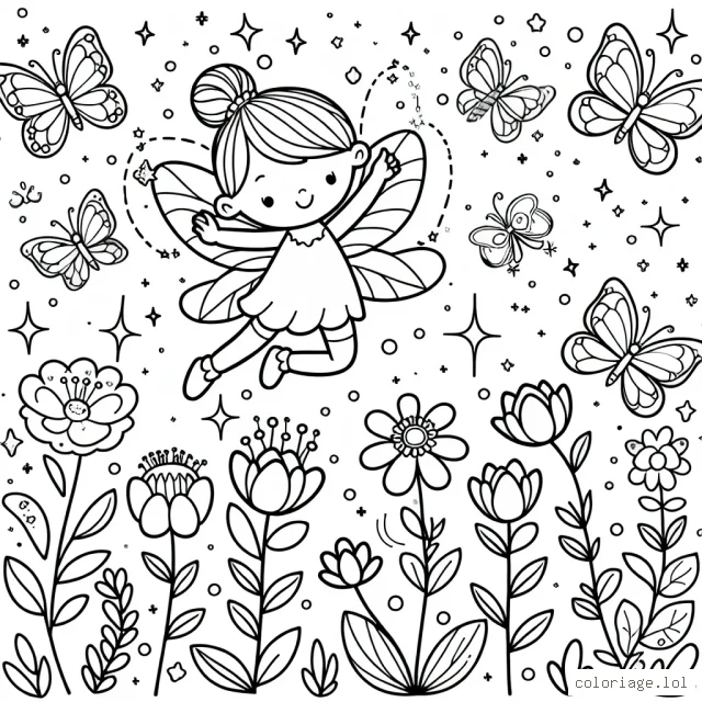 Dessine une petite fée volant dans un jardin enchanté, entourée de papillons scintillants et de fleurs multicolores où chaque pétales ont des formes de cœur.
