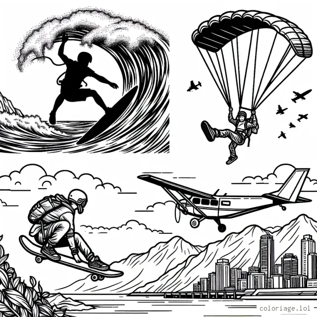 Dessine un surfeur équilibrant sur une vague gigantesque, un parachutiste sautant d'un avion au-dessus des montagnes et un skateur effectuant une manœuvre audacieuse dans un skatepark urbain.