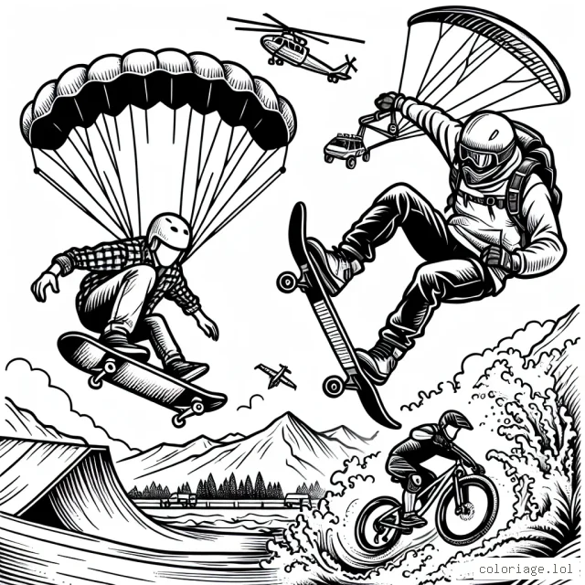 Un skateur réalise un saut audacieux au-dessus d'une rampe de skate park alors qu'un parachutiste atterrit en arrière-plan. Un surfeur s'apprête à affronter une énorme vague pendant qu'un vététiste descend à toute vitesse une piste escarpée. Dessine ces scènes d'action, en prêtant attention à tous les détails captivants de ces sports extrêmes.